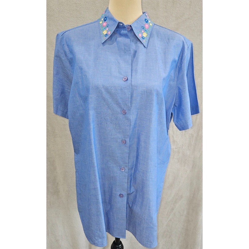 Vintage Foxcroft Blue‎ Cotton Embroidered Floral Collar Button Shirt Women's 14